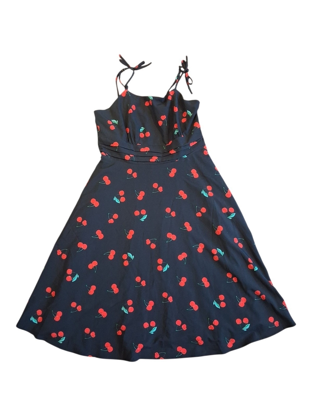 Belle Poque Tie-Shoulder Black Midi Dress with Red Cherry Print